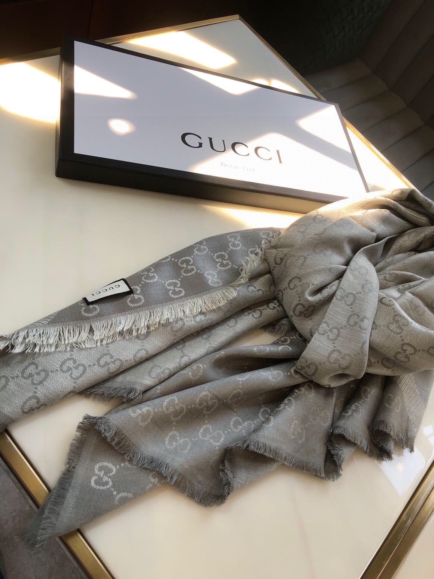 Gucci GG Jacquard Silk Wool Shawl Grey 55in/140cm