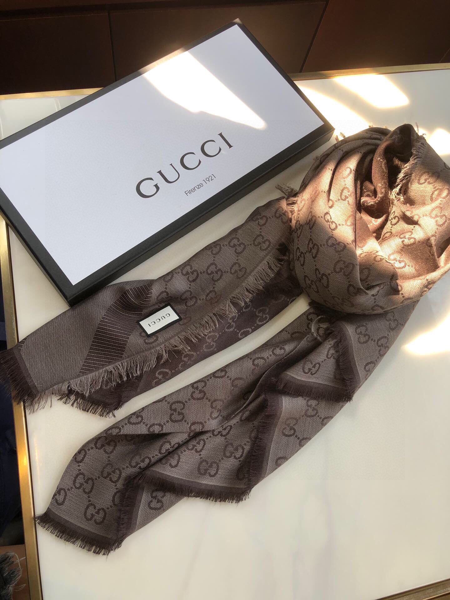 Gucci GG Jacquard Silk Wool Shawl Grey/Brown 55in/140cm