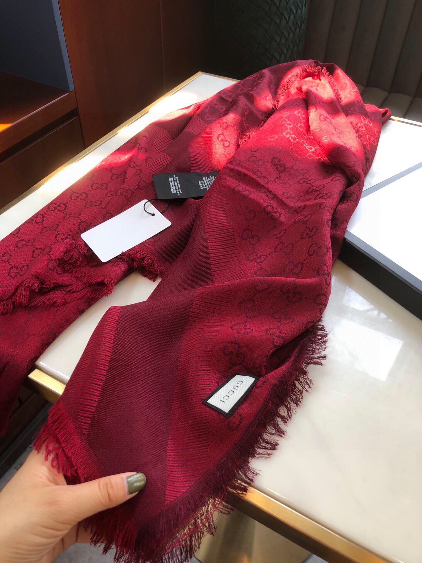 Gucci GG Jacquard Silk Wool Shawl Red 55in/140cm