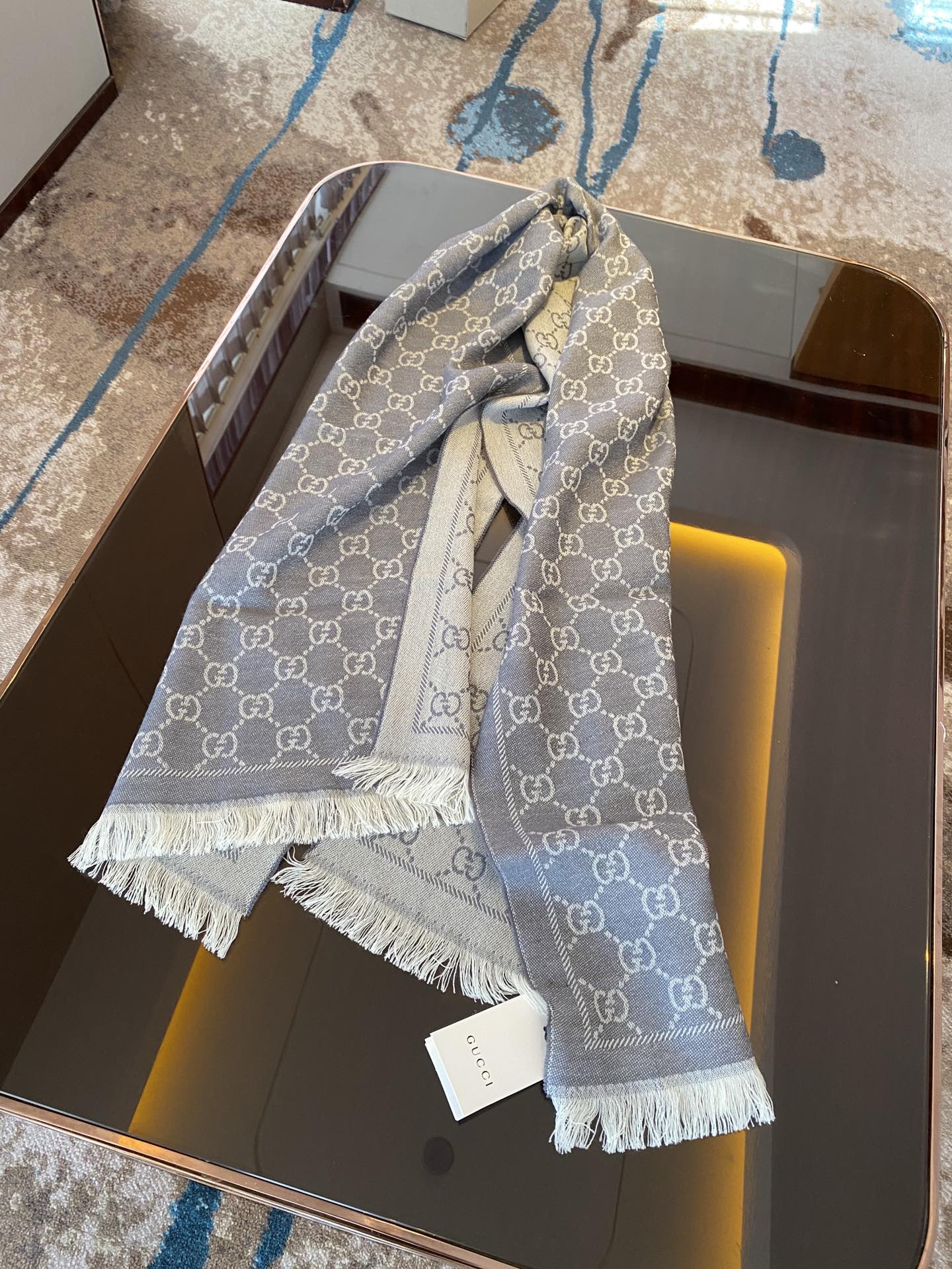 Gucci GG Lamé Lacquard Stole Scarf Light Grey 71in/180cm