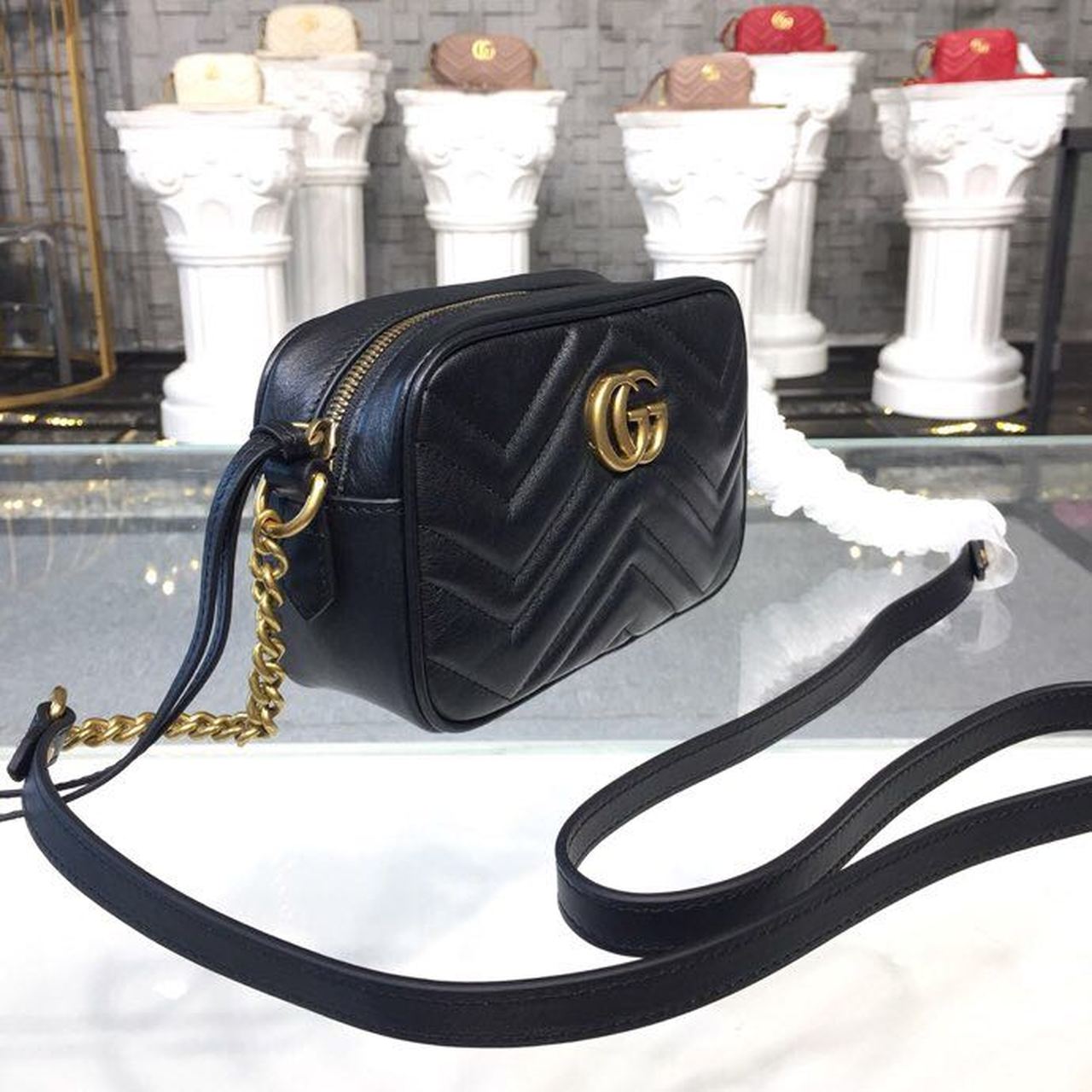 Gucci GG Marmont Matelassé Mini Bag Black Matelassé Chevron For Women 7in/18cm GG 448065 DTD1T 1000