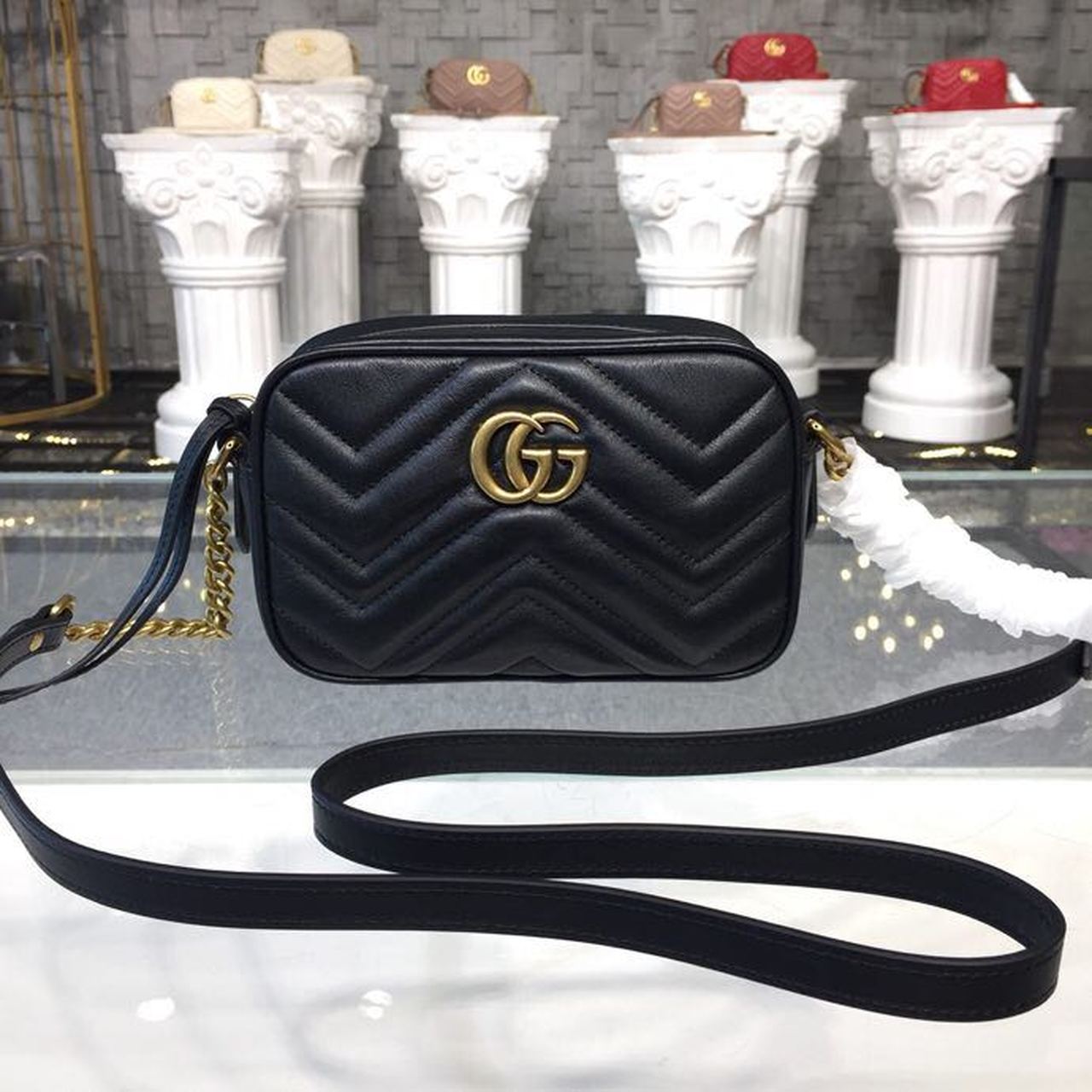 Gucci GG Marmont Matelassé Mini Bag Black Matelassé Chevron For Women 7in/18cm GG 448065 DTD1T 1000