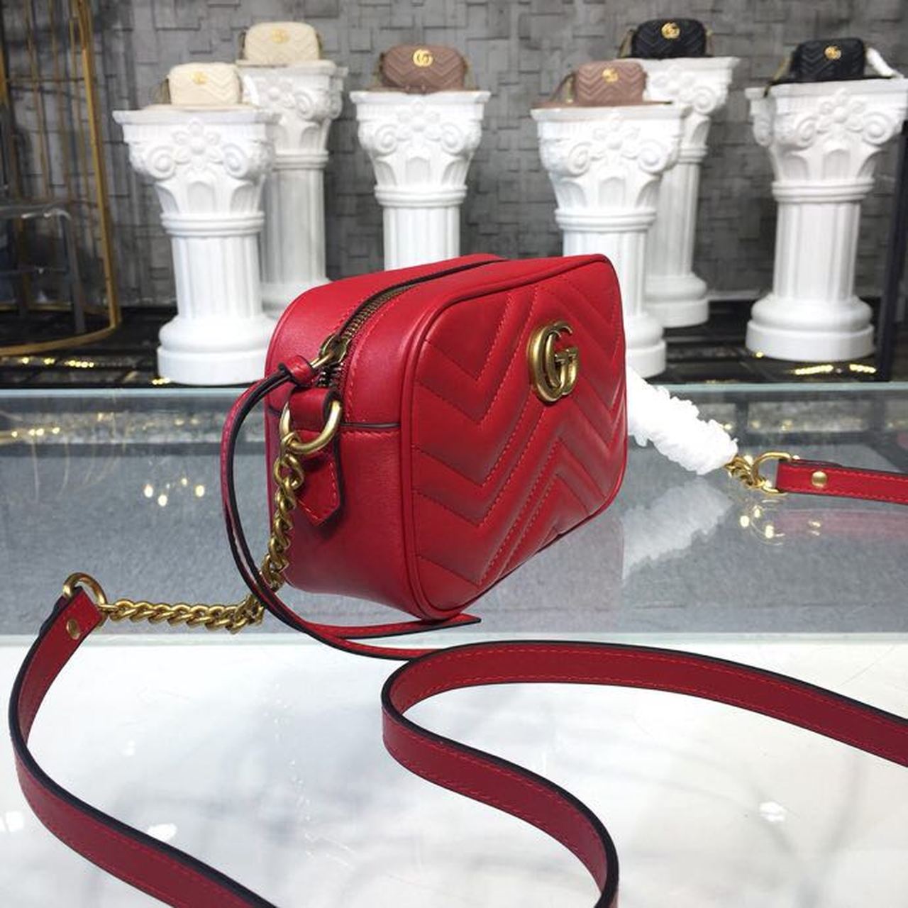 Gucci GG Marmont Matelassé Mini Bag Hibiscus Red Matelassé Chevron For Women 7in/18cm GG