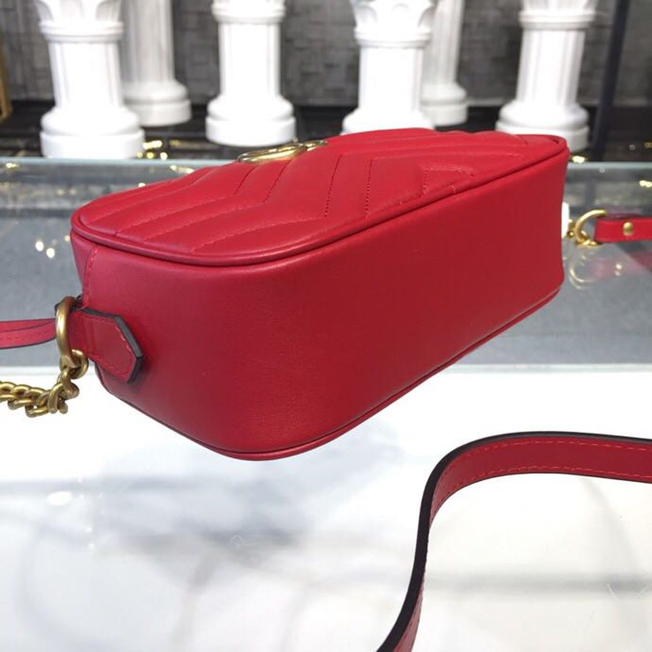 Gucci GG Marmont Matelassé Mini Bag Hibiscus Red Matelassé Chevron For Women 7in/18cm GG