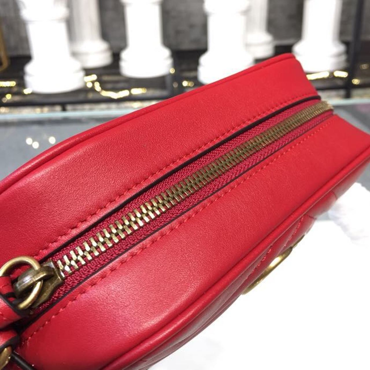Gucci GG Marmont Matelassé Mini Bag Hibiscus Red Matelassé Chevron For Women 7in/18cm GG