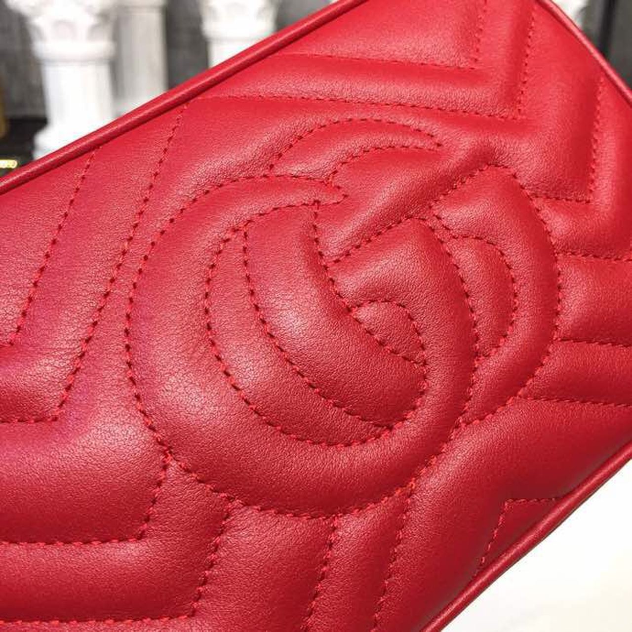 Gucci GG Marmont Matelassé Mini Bag Hibiscus Red Matelassé Chevron For Women 7in/18cm GG