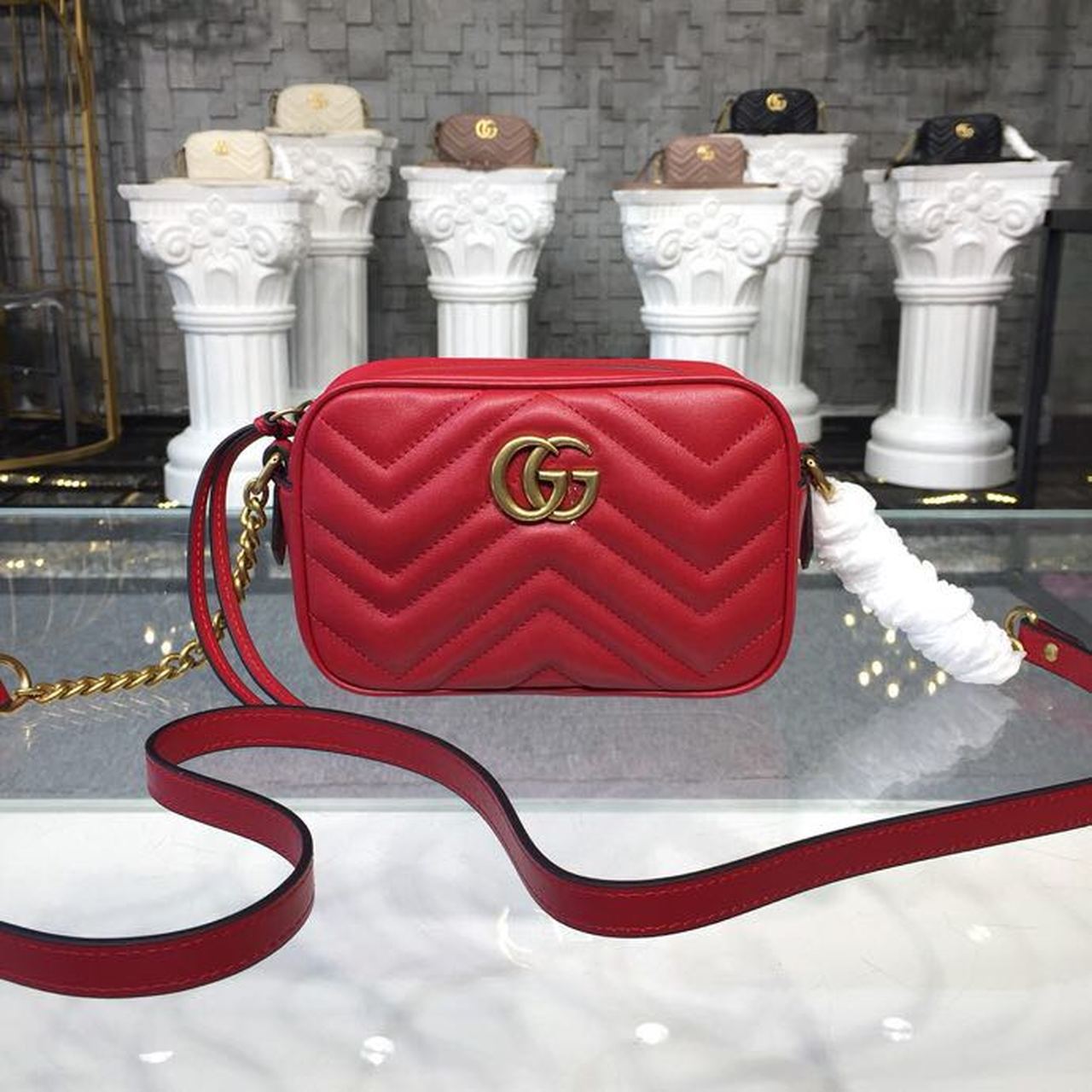 Gucci GG Marmont Matelassé Mini Bag Hibiscus Red Matelassé Chevron For Women 7in/18cm GG