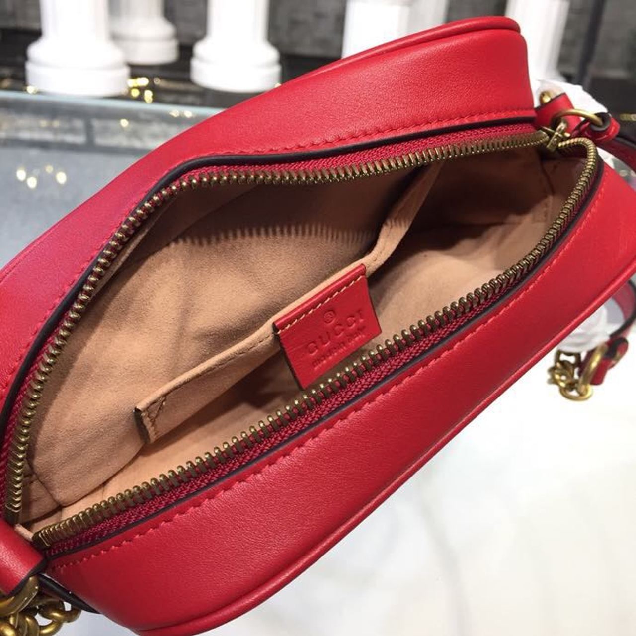 Gucci GG Marmont Matelassé Mini Bag Hibiscus Red Matelassé Chevron For Women 7in/18cm GG