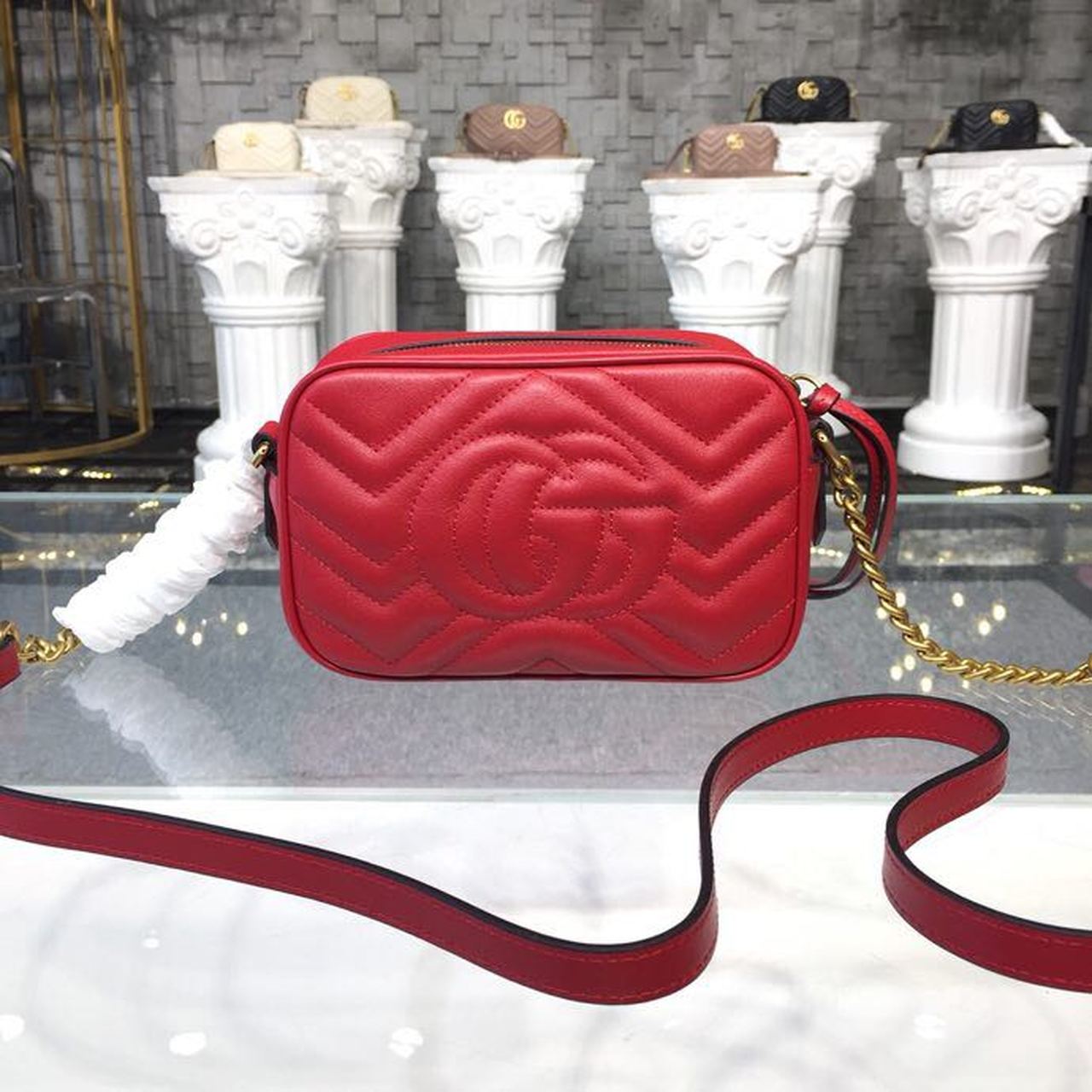 Gucci GG Marmont Matelassé Mini Bag Hibiscus Red Matelassé Chevron For Women 7in/18cm GG