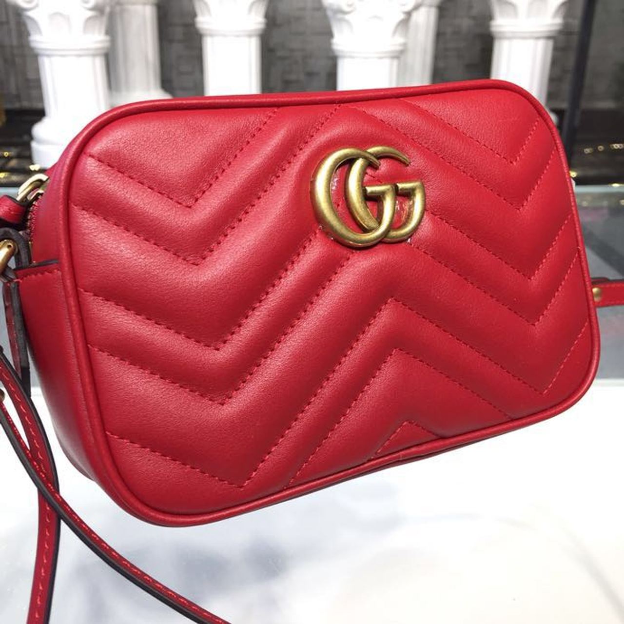 Gucci GG Marmont Matelassé Mini Bag Hibiscus Red Matelassé Chevron For Women 7in/18cm GG