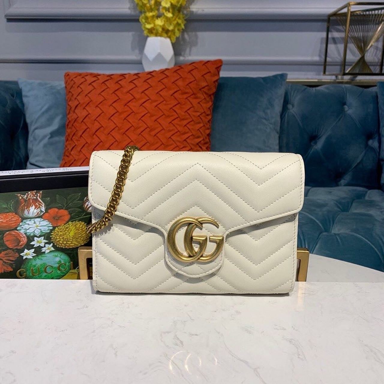 Gucci GG Marmont Matelassé Mini Bag White Matelassé For Women 8in/20cm GG 474575 DTD5N 9022