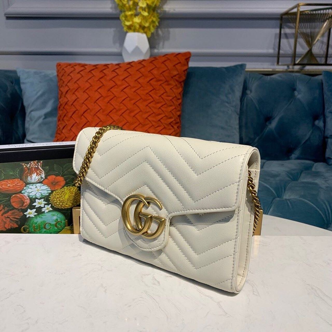 Gucci GG Marmont Matelassé Mini Bag White Matelassé For Women 8in/20cm GG 474575 DTD5N 9022