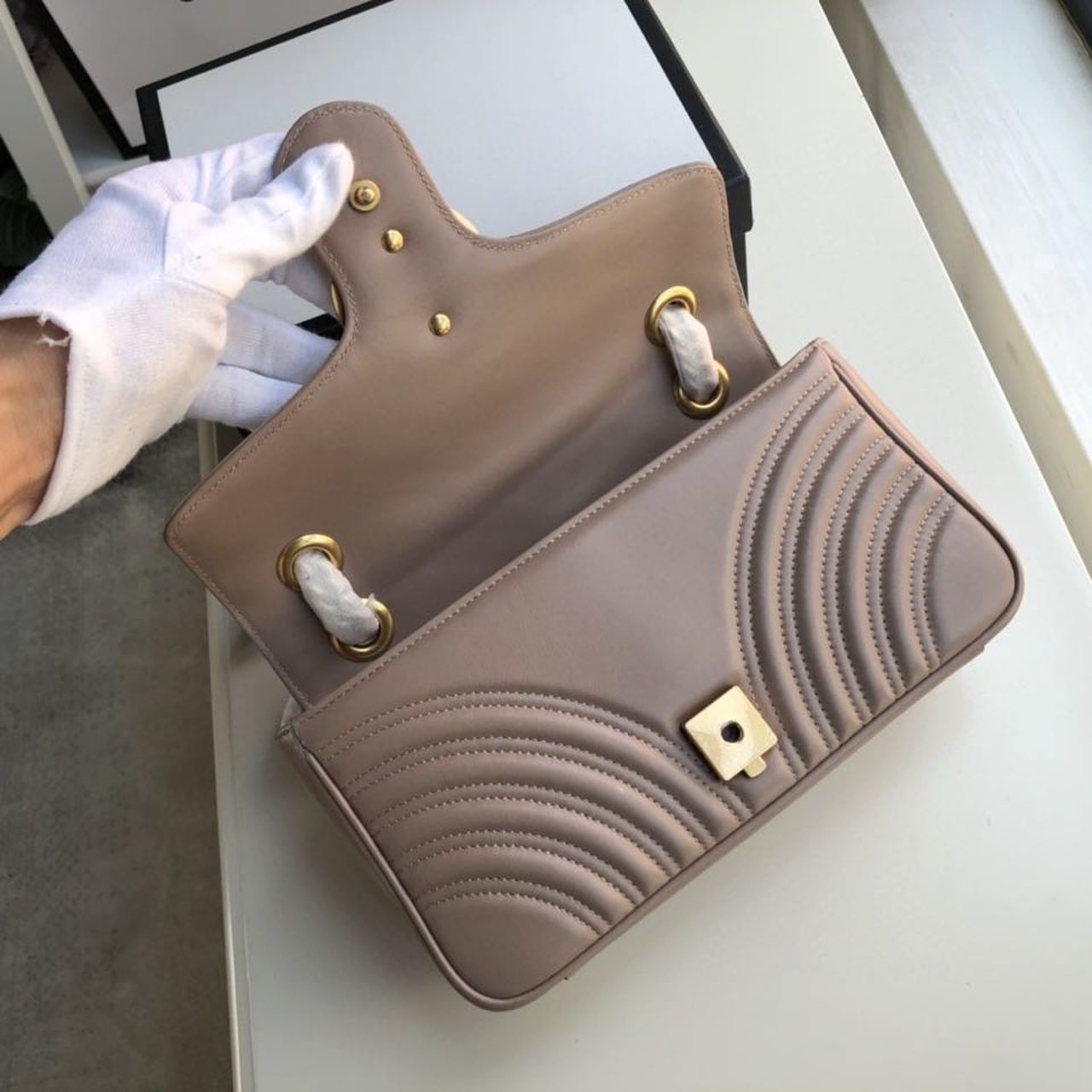 Gucci GG Marmont Matelassé Shoulder Bag Dusty Pink Matelassé Chevron For Women 10in/26cm GG 443497 DTDIT 5729