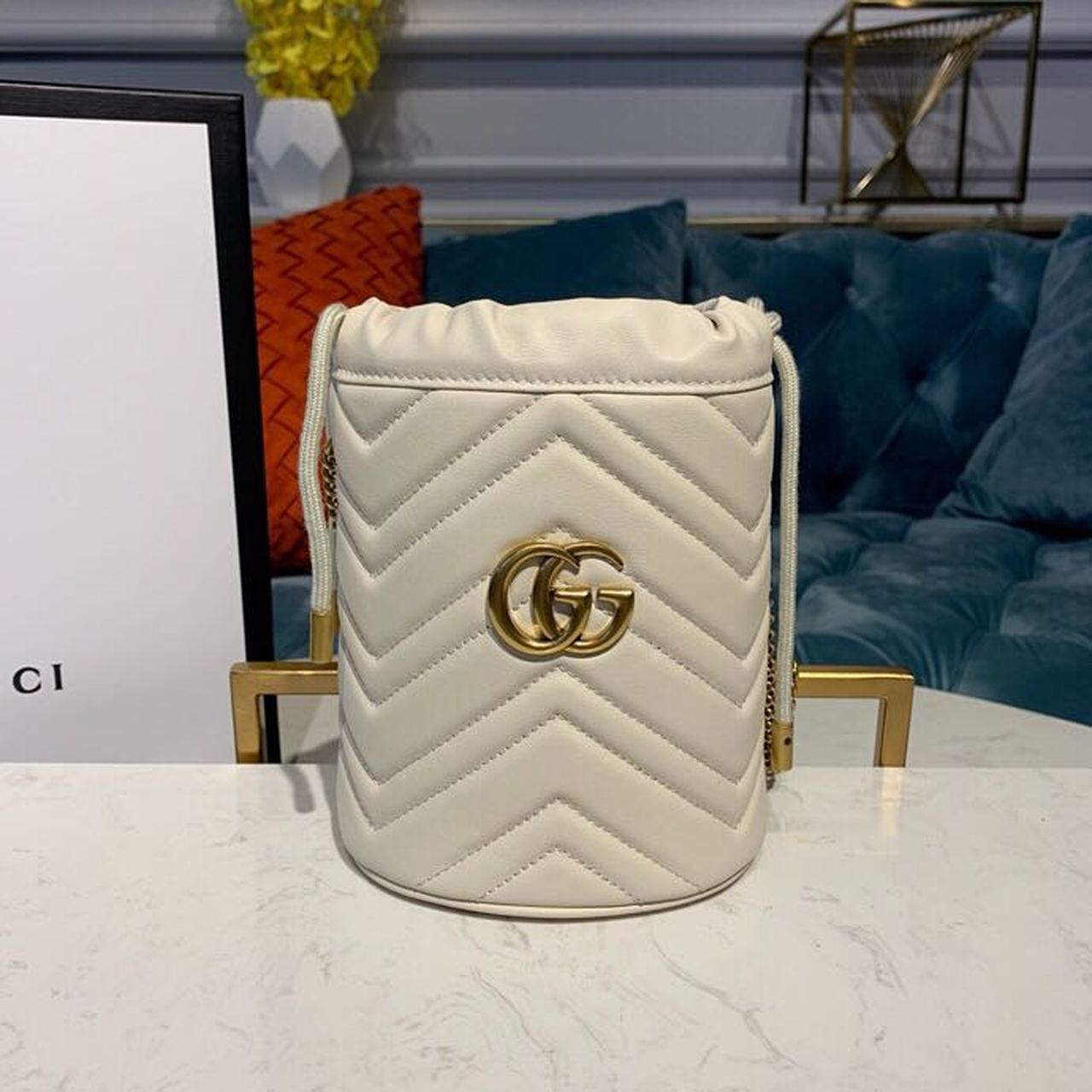 Gucci GG Marmont Mini Bucket Bag White Matelassé Chevron For Women 6in/13cm GG 575163 DTDRT 9022