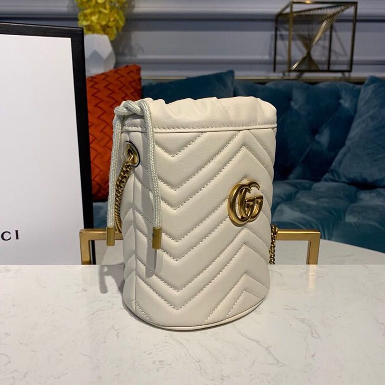 Gucci GG Marmont Mini Bucket Bag White Matelassé Chevron For Women 6in/13cm GG 575163 DTDRT 9022
