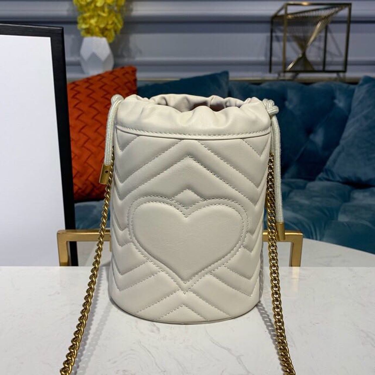 Gucci GG Marmont Mini Bucket Bag White Matelassé Chevron For Women 6in/13cm GG 575163 DTDRT 9022