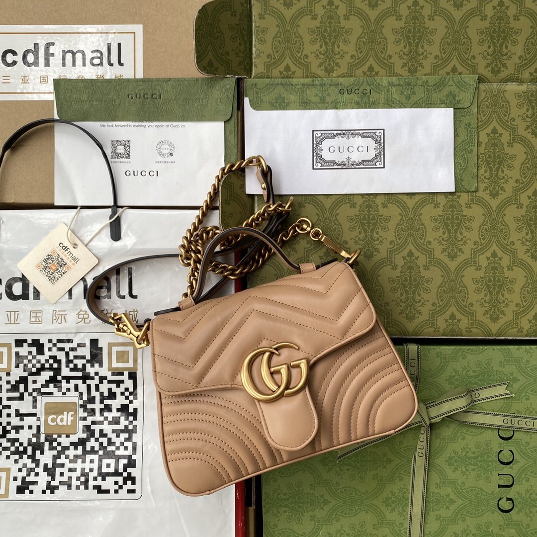 Gucci GG Marmont Mini Top Handle Bag Beige For Women, Women’s Bags 8.3in/21cm GG