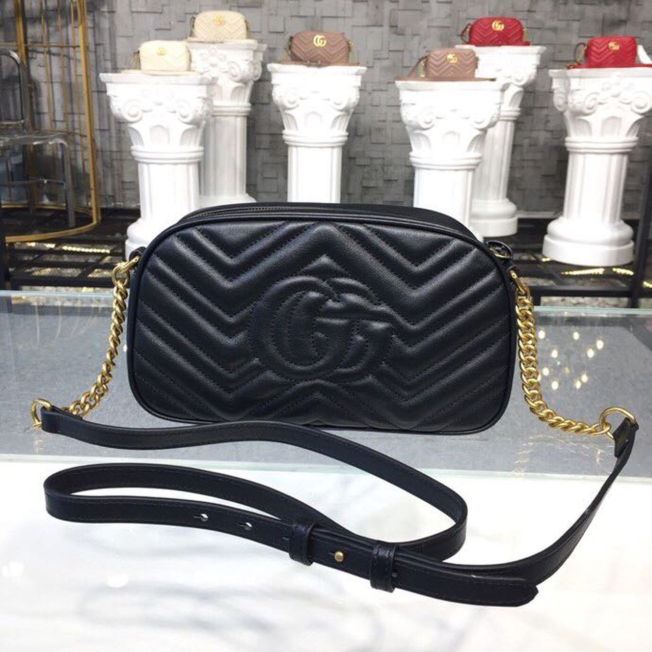 Gucci GG Marmont Small Matelassé Shoulder Bag Black Matelassé Chevron For Women 9.5in/24cm GG 447632 DTD1T 1000