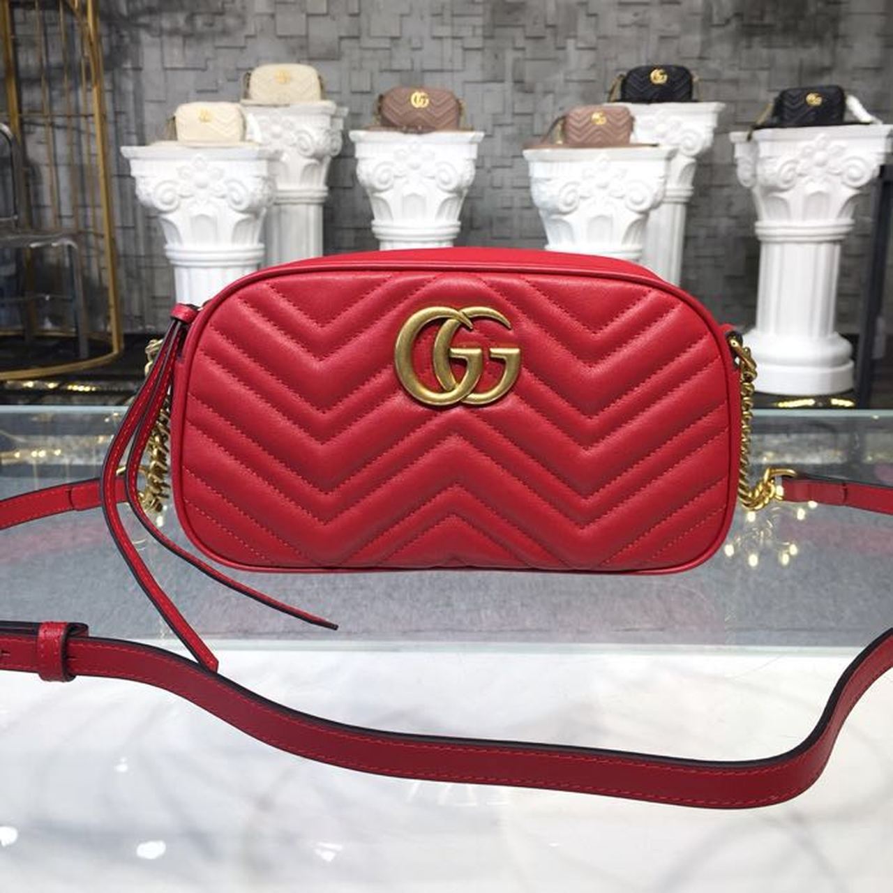 Gucci GG Marmont Small Matelassé Shoulder Bag Hibiscus Red Matelassé Chevron For Women 9.5in/24cm GG 447632 DTD1T 6433