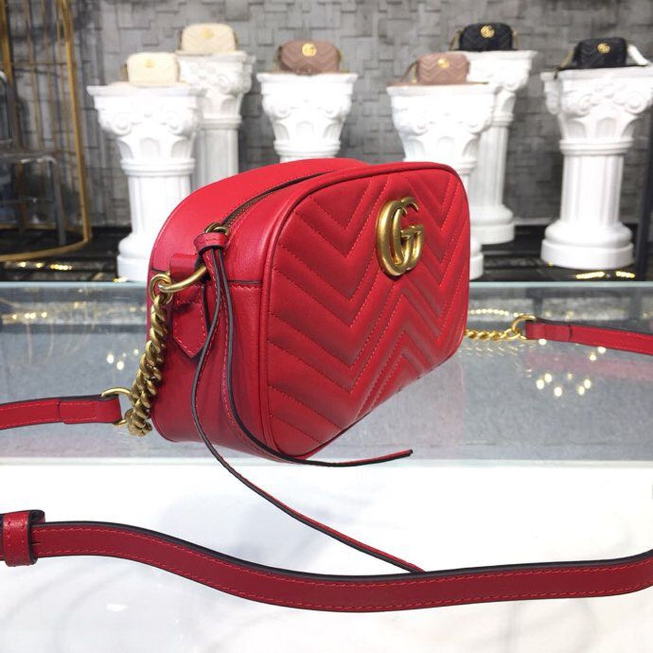 Gucci GG Marmont Small Matelassé Shoulder Bag Hibiscus Red Matelassé Chevron For Women 9.5in/24cm GG 447632 DTD1T 6433