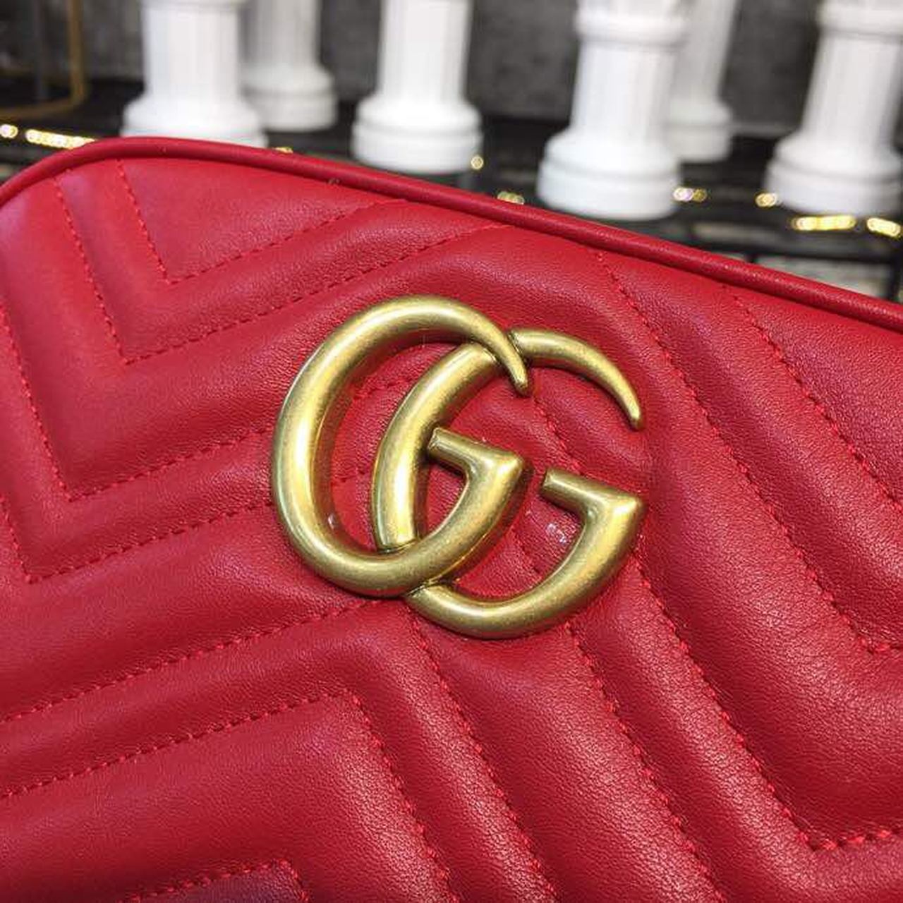 Gucci GG Marmont Small Matelassé Shoulder Bag Hibiscus Red Matelassé Chevron For Women 9.5in/24cm GG 447632 DTD1T 6433
