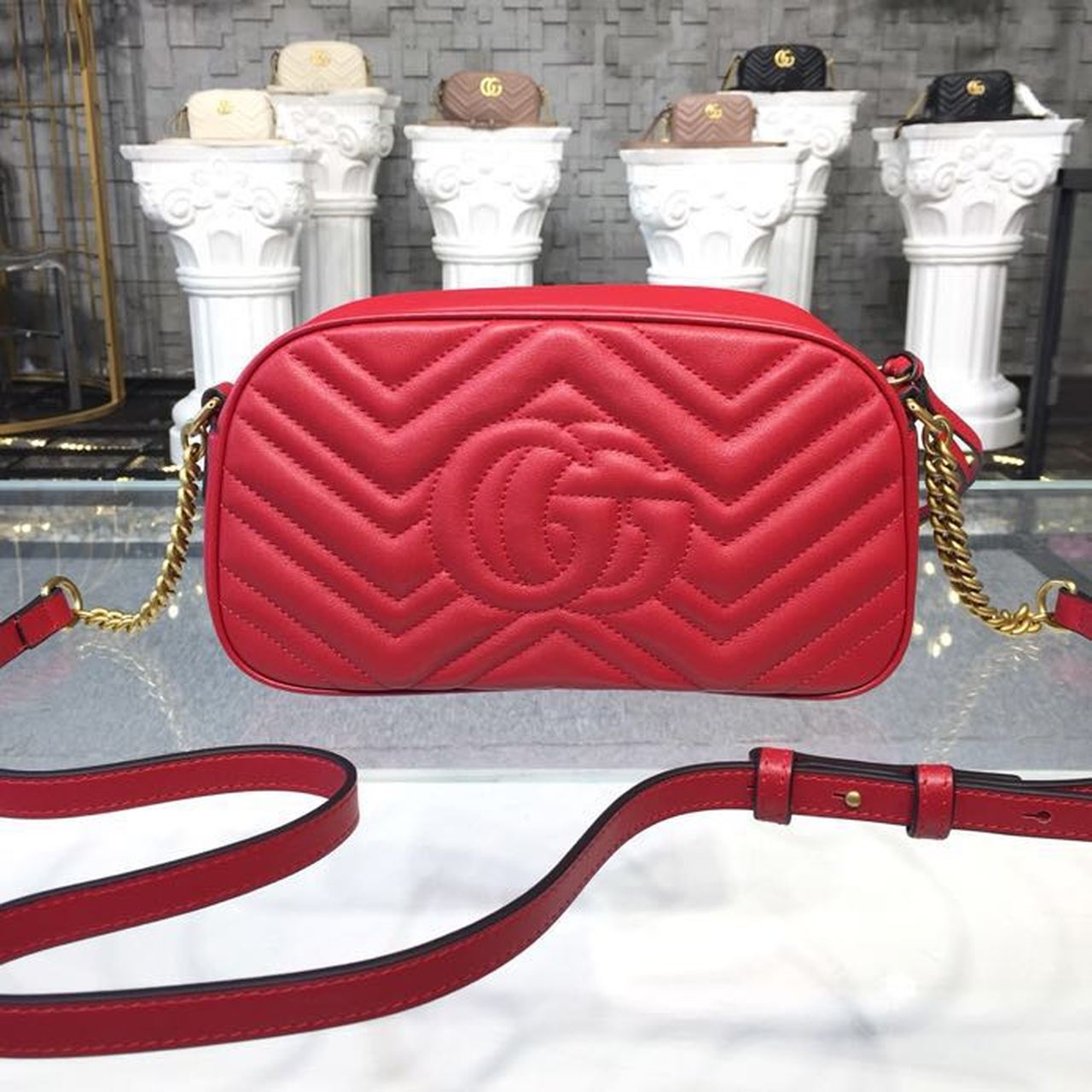 Gucci GG Marmont Small Matelassé Shoulder Bag Hibiscus Red Matelassé Chevron For Women 9.5in/24cm GG 447632 DTD1T 6433