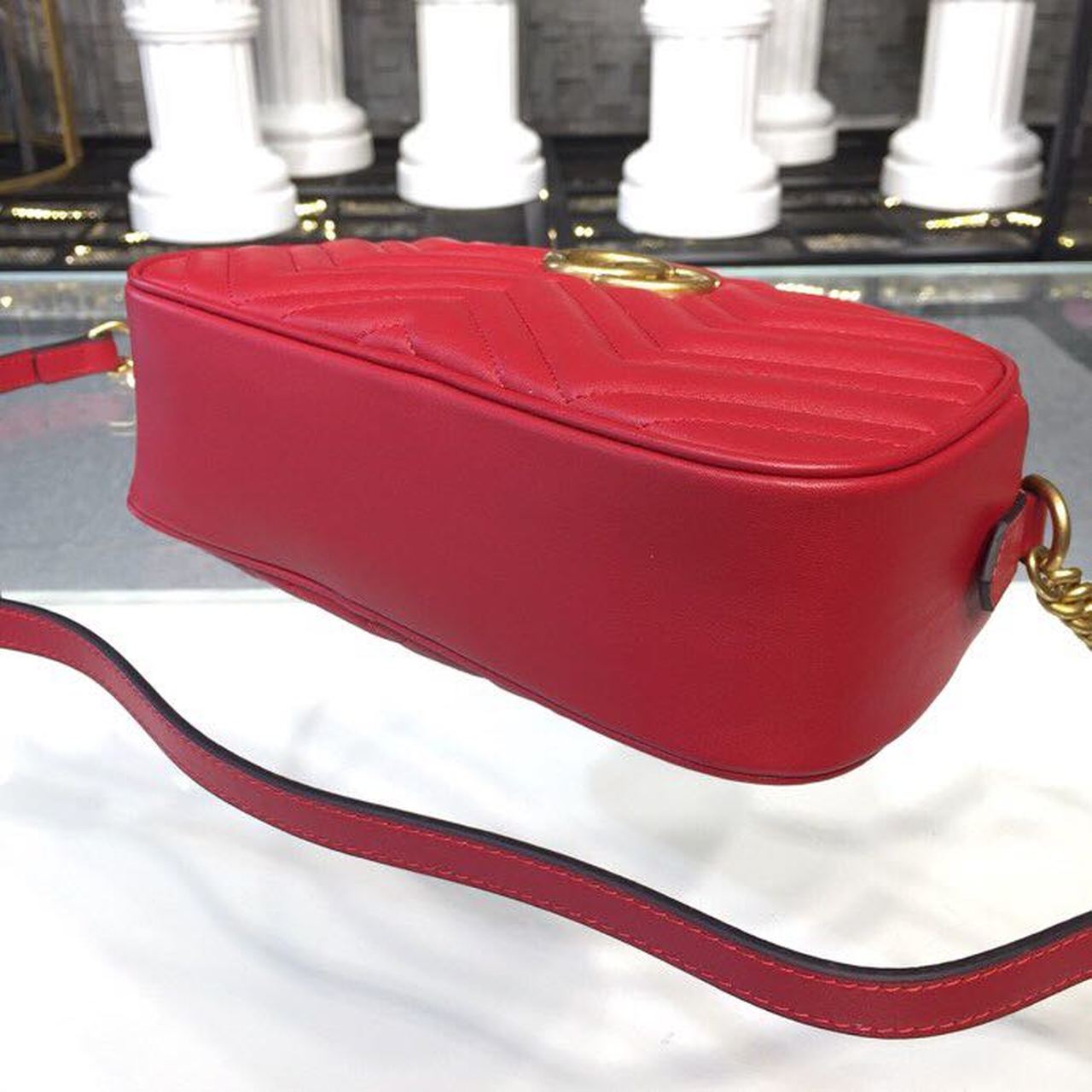 Gucci GG Marmont Small Matelassé Shoulder Bag Hibiscus Red Matelassé Chevron For Women 9.5in/24cm GG 447632 DTD1T 6433