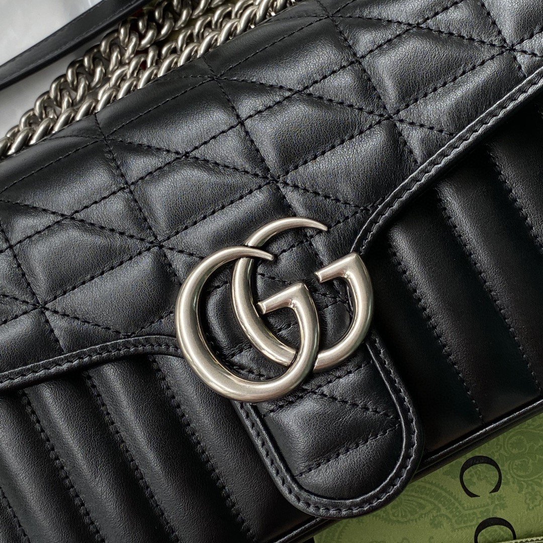 Gucci GG Marmont Small Shoulder Bag Black Matelassé For Women  10in/26cm 443497 UM8AN 1000