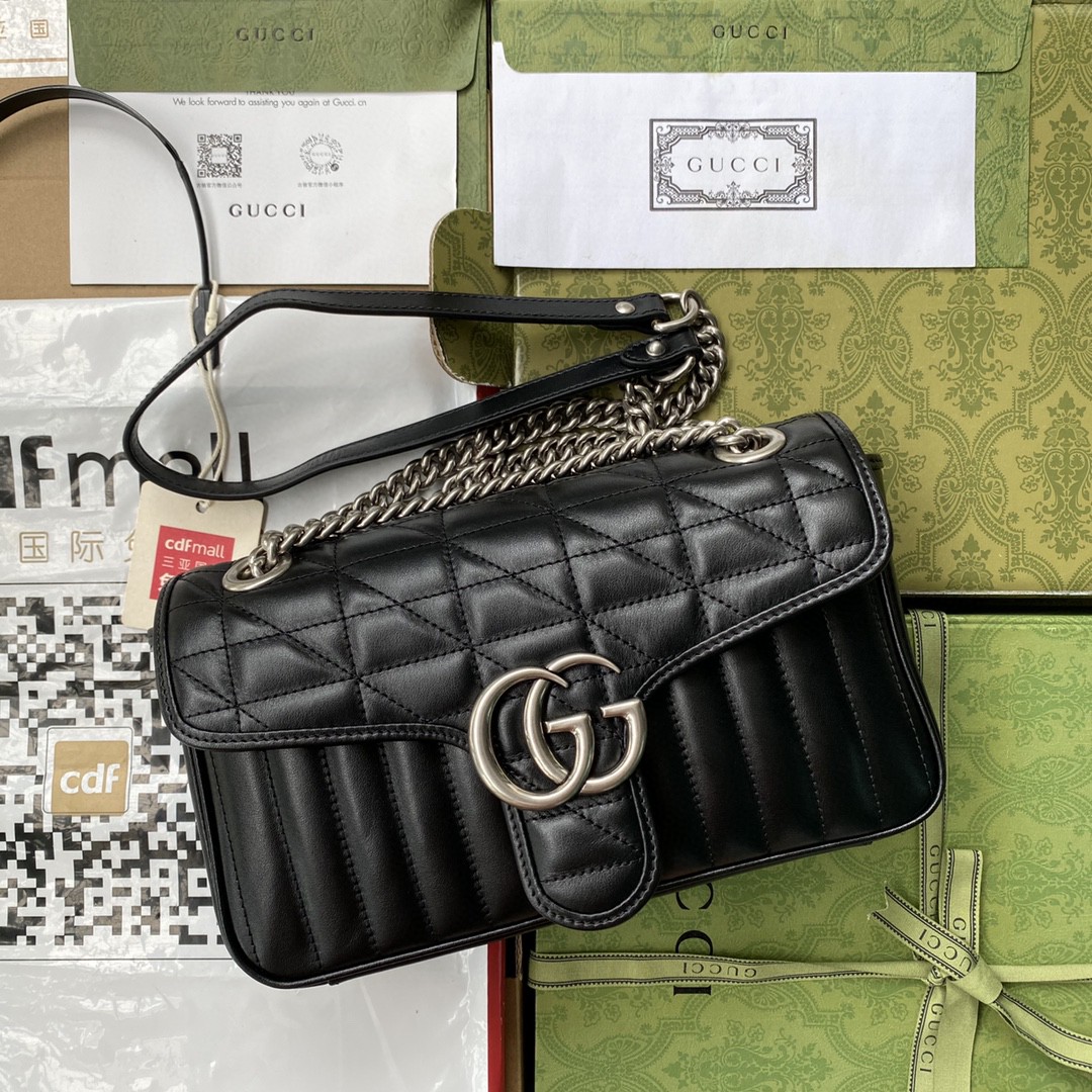 Gucci GG Marmont Small Shoulder Bag Black Matelassé For Women  10in/26cm 443497 UM8AN 1000