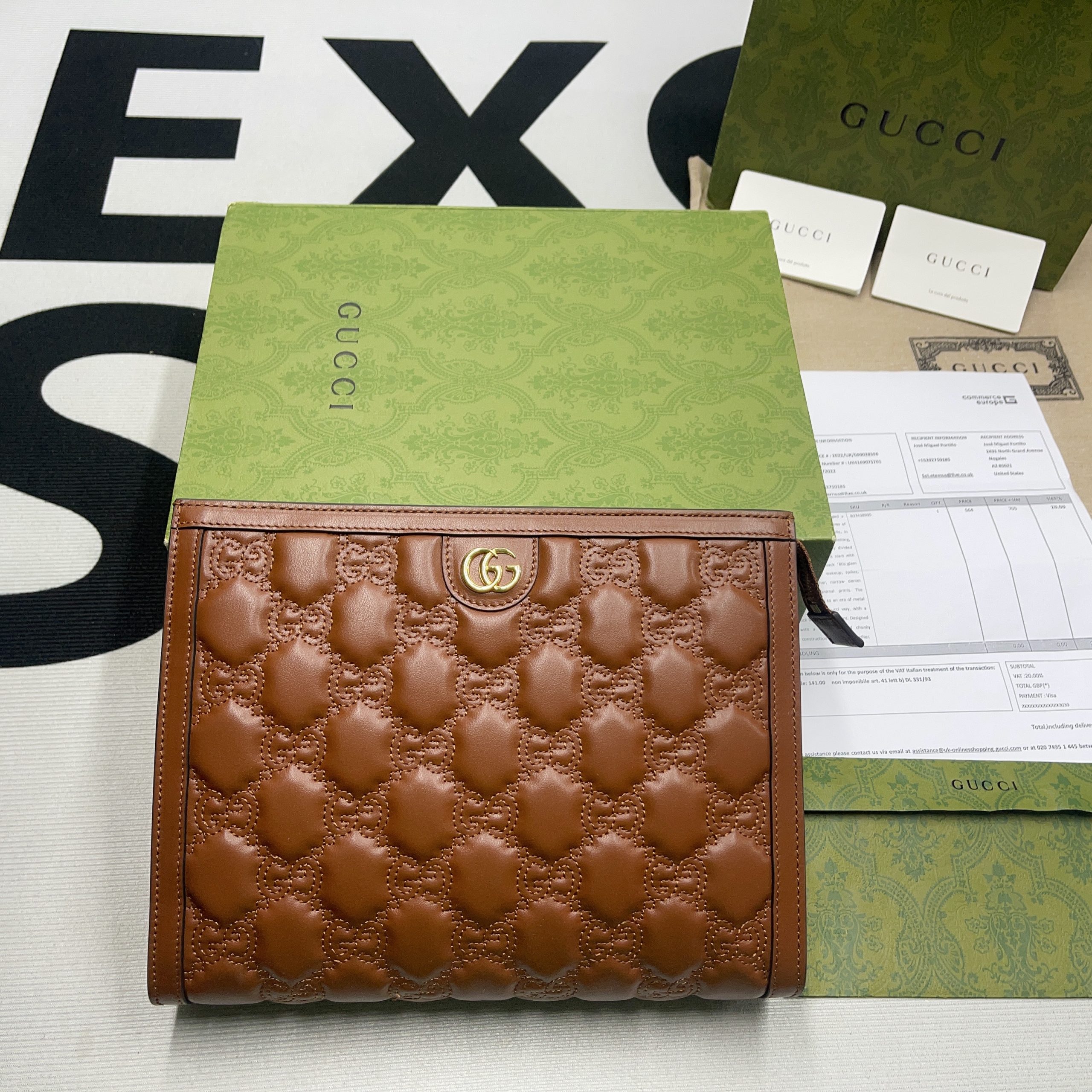 Gucci GG Matelass? Pouch Black/Brown/ Grey For Women? 723780 UM8IG 1000 10.6 in/ 27 cm
