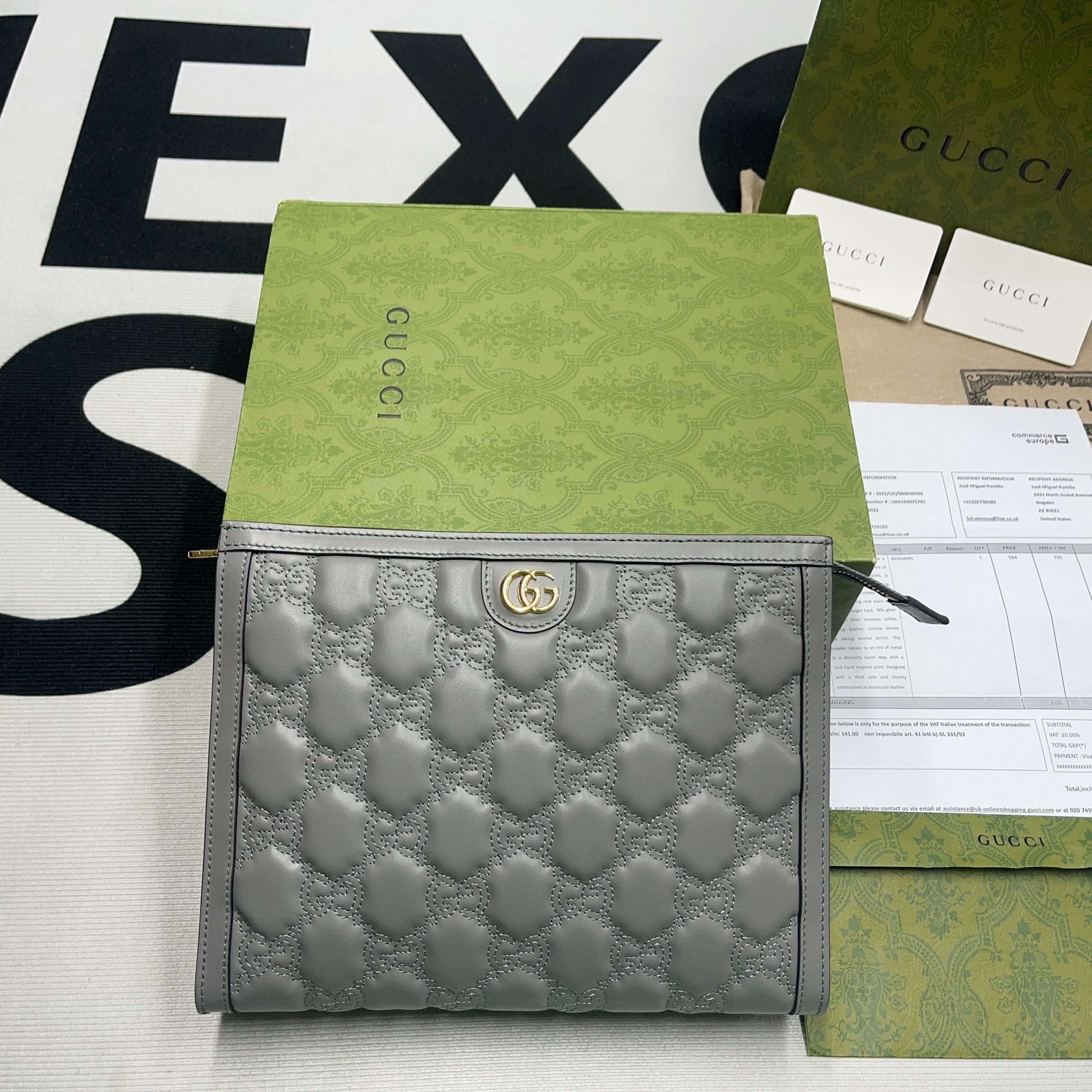 Gucci GG Matelass? Pouch Black/Brown/ Grey For Women? 723780 UM8IG 1000 10.6 in/ 27 cm