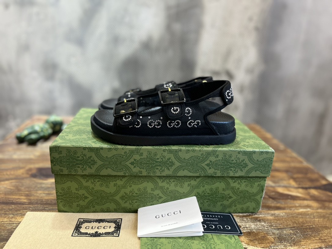 Gucci GG Sandal With Crystals Black For Women 701158 F13A0 1000