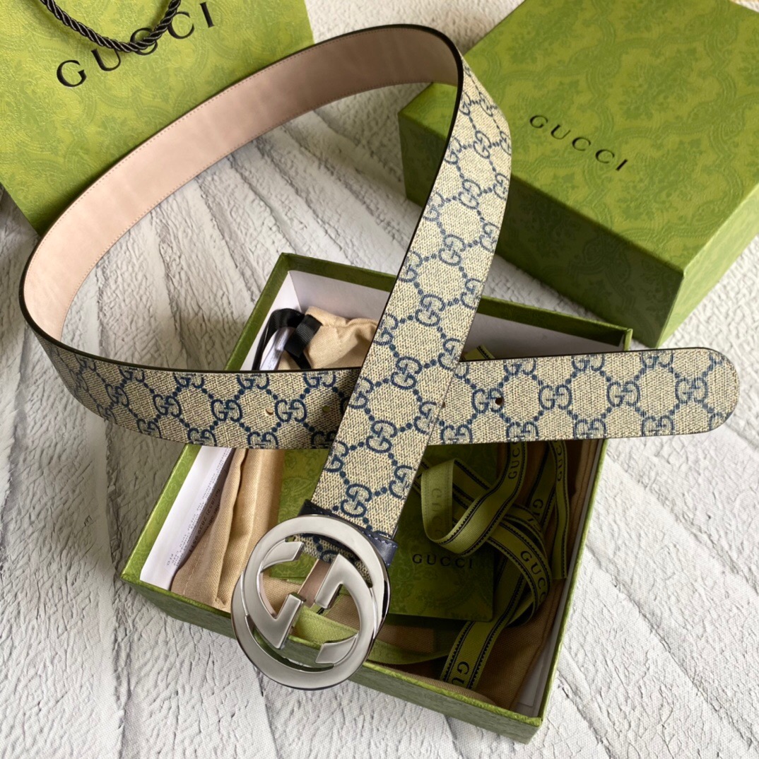 Gucci GG Supreme Belt With G Buckle Beige/Blue, Women Belt 411924 KGDHN 4075