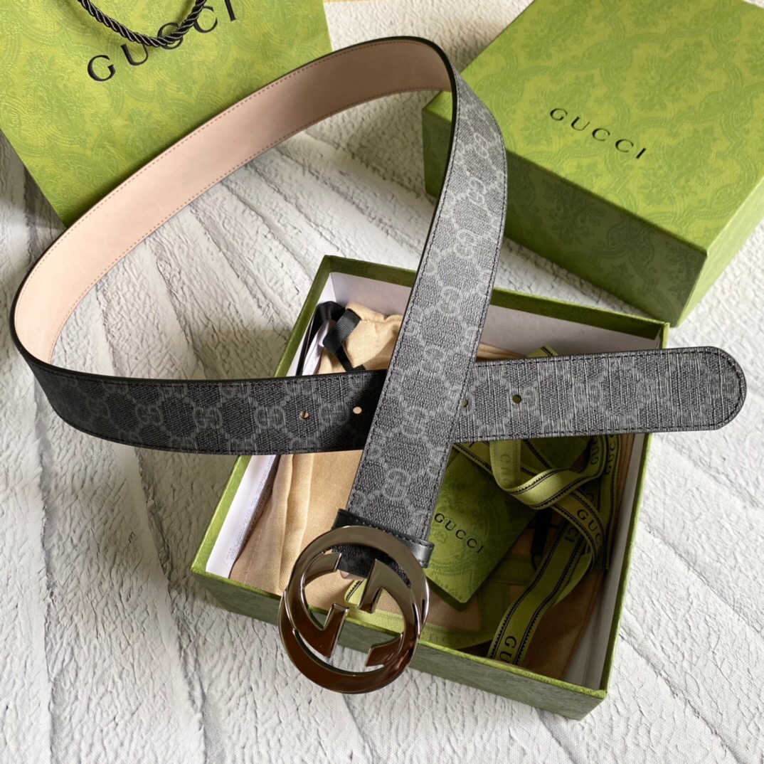 Gucci GG Supreme Belt With G Buckle Black/Grey, Women Belt 411924