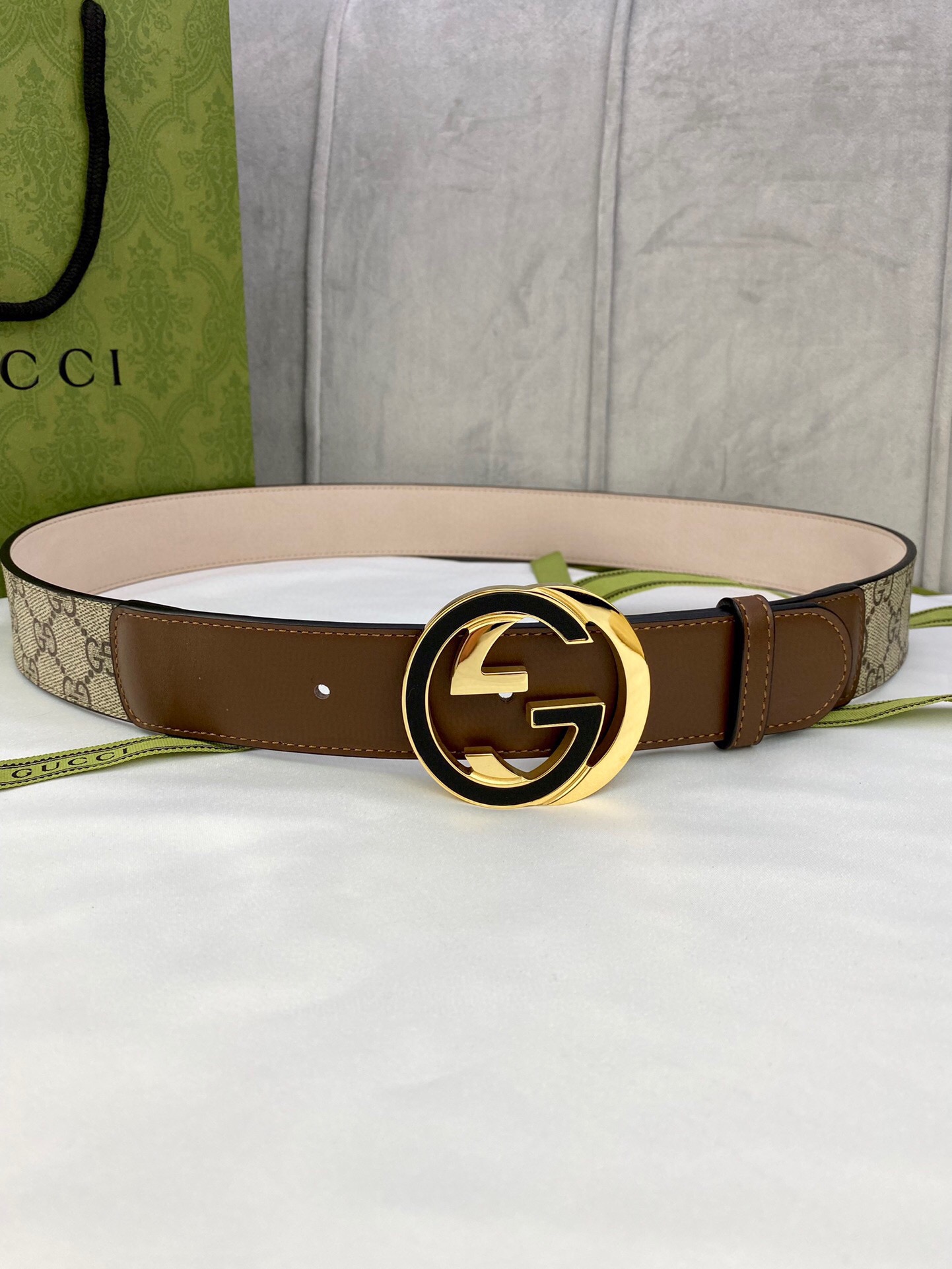 Gucci GG Supreme Belt With Interlocking G Buckle Beige/Ebony And Brown GG Supreme Canvas For Women, Women Belt