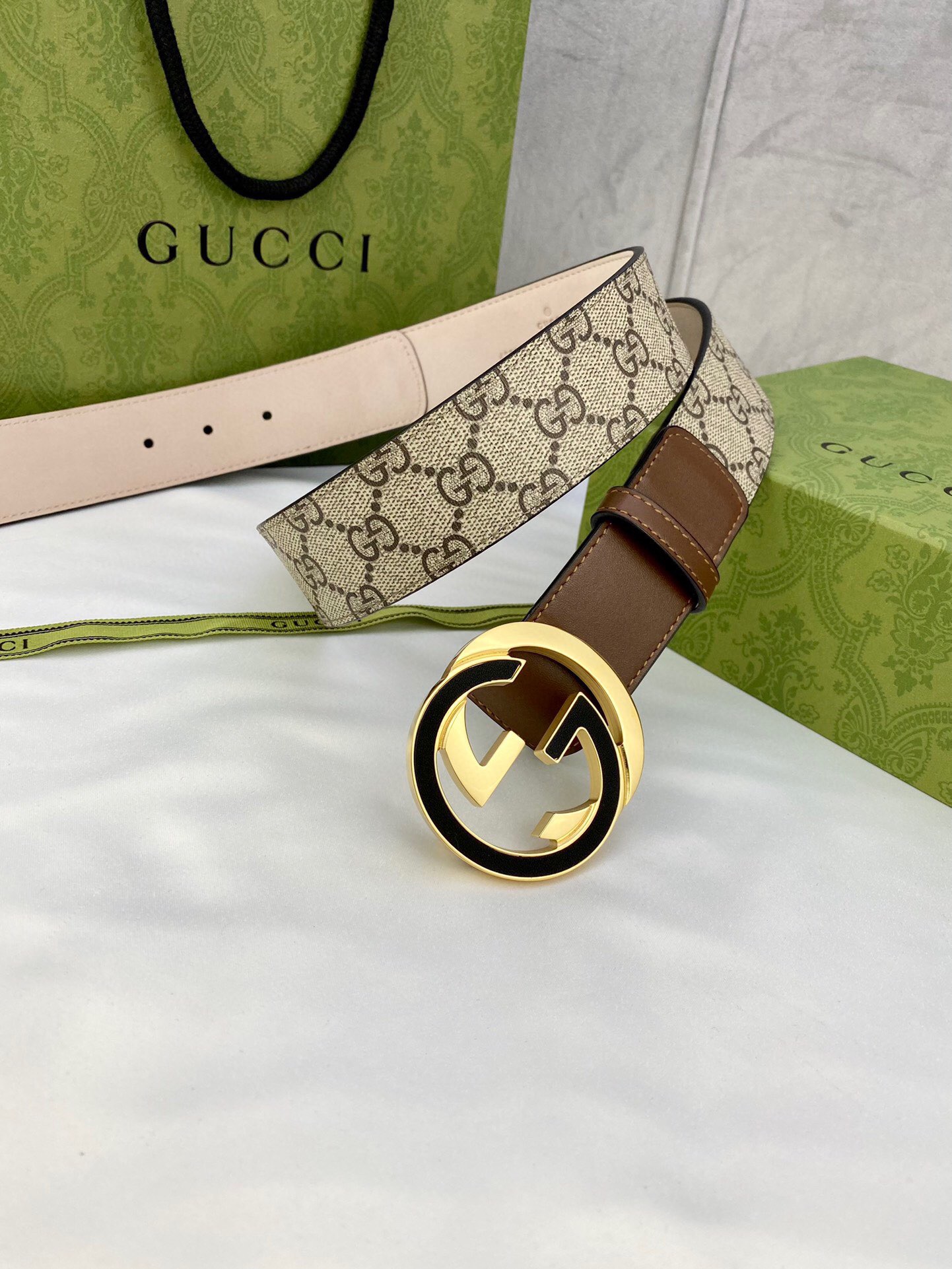 Gucci GG Supreme Belt With Interlocking G Buckle Beige/Ebony And Brown GG Supreme Canvas For Women, Women Belt