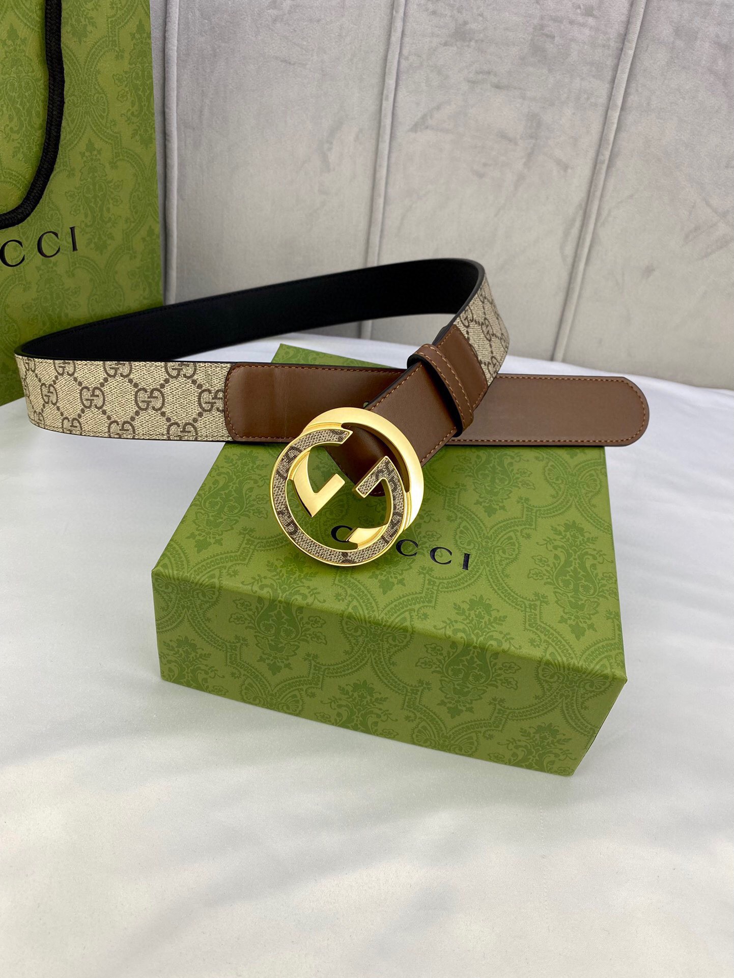 Gucci GG Supreme Belt With Interlocking G Buckle Beige/Ebony And Brown GG Supreme Canvas For Women, Women Belt