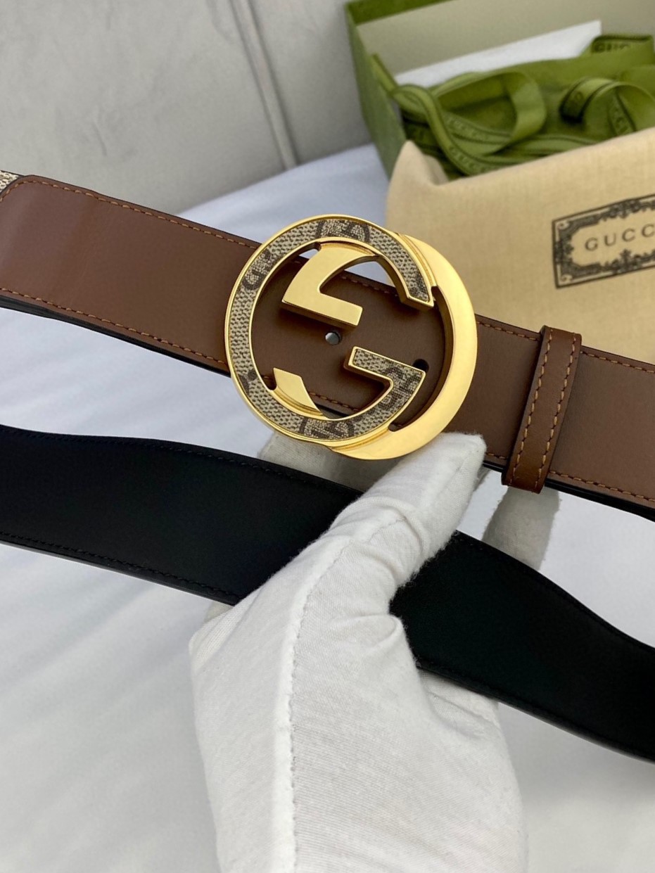 Gucci GG Supreme Belt With Interlocking G Buckle Beige/Ebony And Brown GG Supreme Canvas For Women, Women Belt