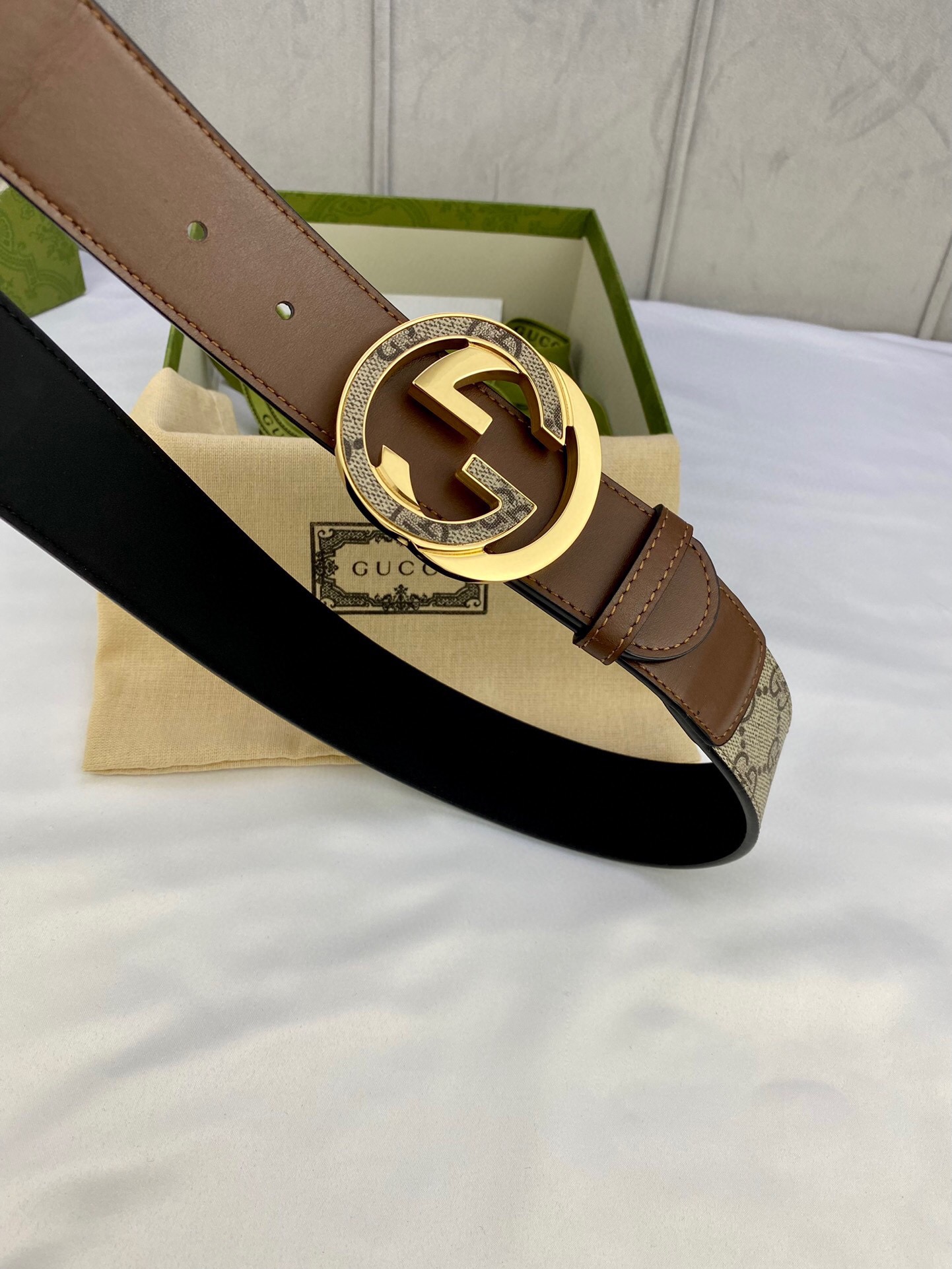 Gucci GG Supreme Belt With Interlocking G Buckle Beige/Ebony And Brown GG Supreme Canvas For Women, Women Belt