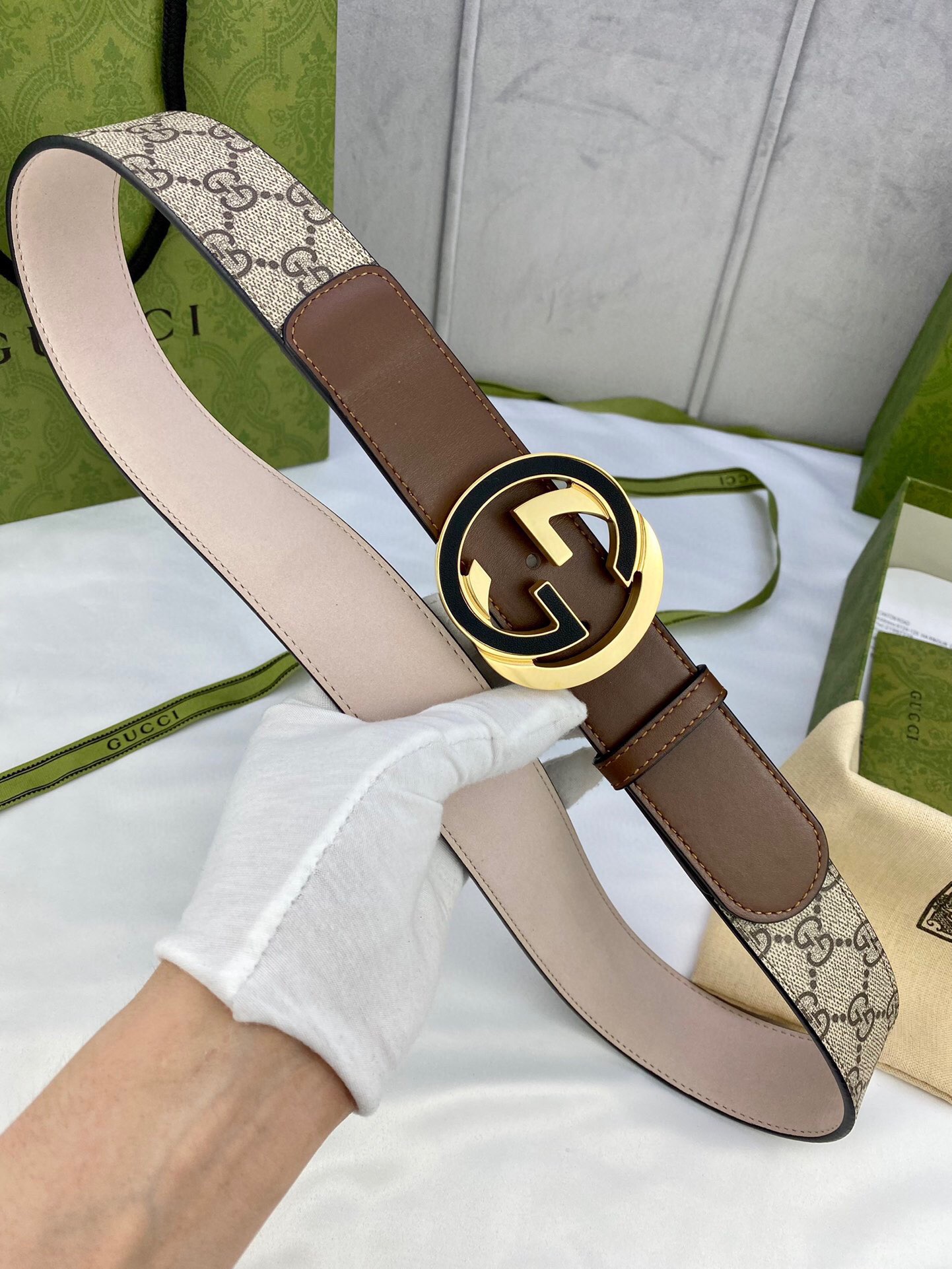 Gucci GG Supreme Belt With Interlocking G Buckle Beige/Ebony And Brown GG Supreme Canvas For Women, Women Belt