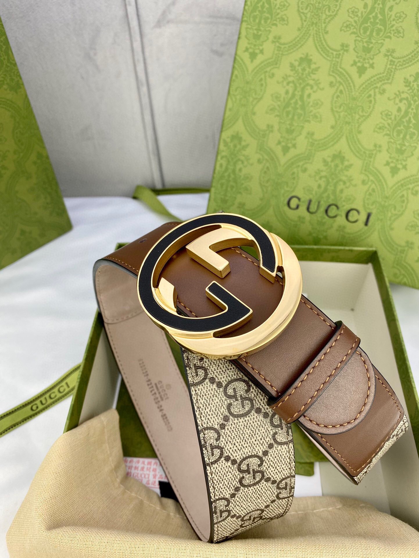 Gucci GG Supreme Belt With Interlocking G Buckle Beige/Ebony And Brown GG Supreme Canvas For Women, Women Belt