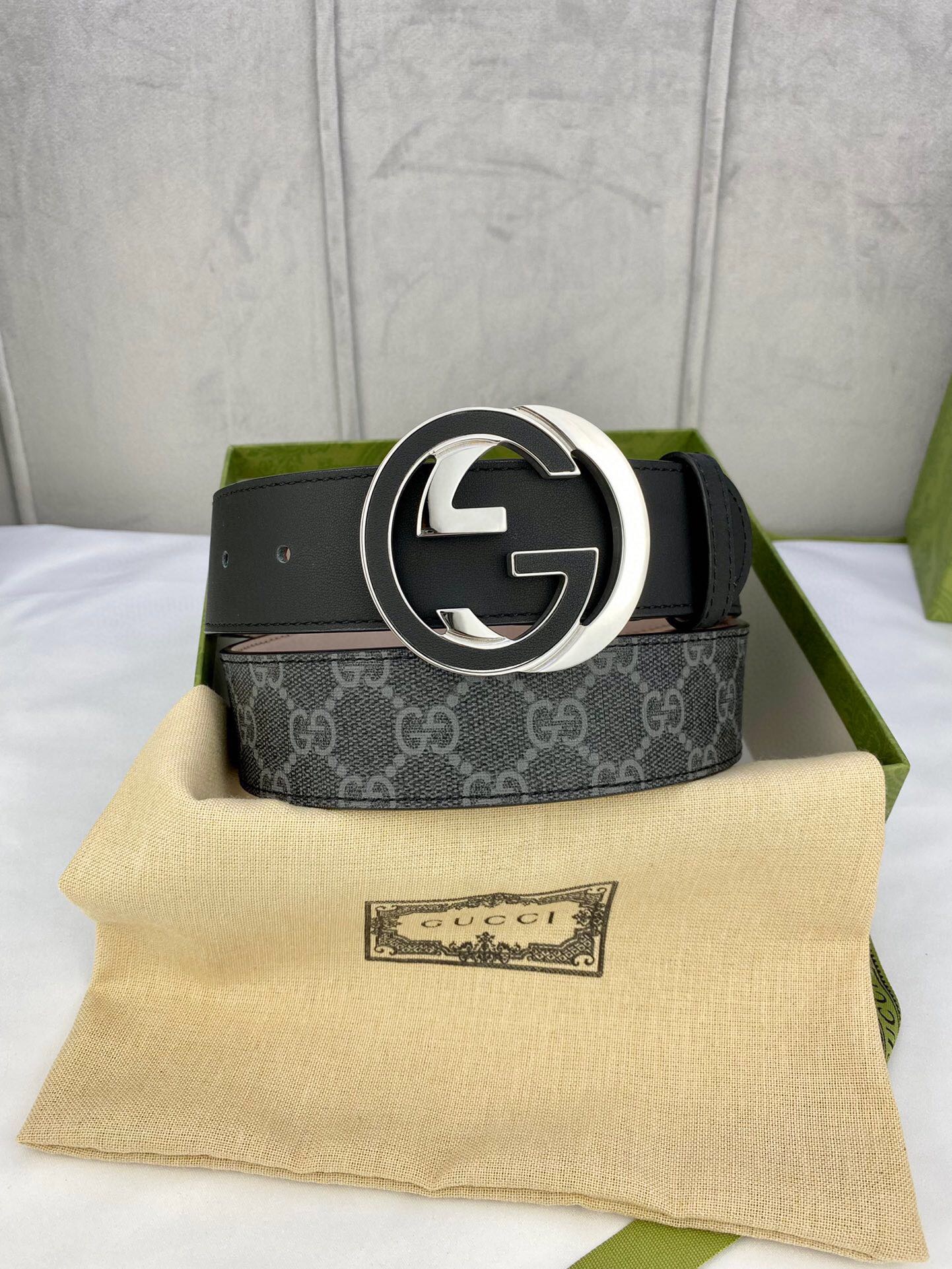 Gucci GG Supreme Belt With Interlocking G Buckle Black/Grey GG Supreme Canvas With Black For Women, Women Belt
