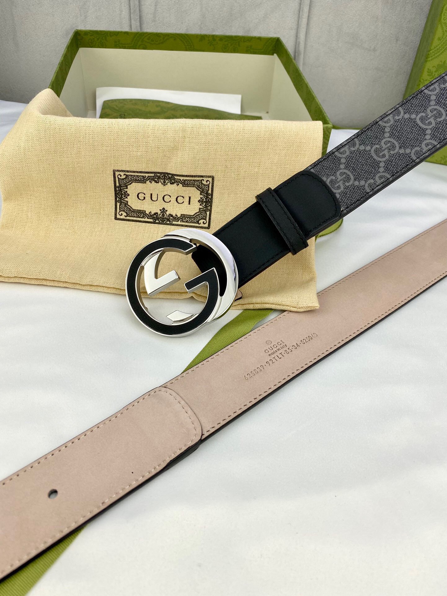 Gucci GG Supreme Belt With Interlocking G Buckle Black/Grey GG Supreme Canvas With Black For Women, Women Belt