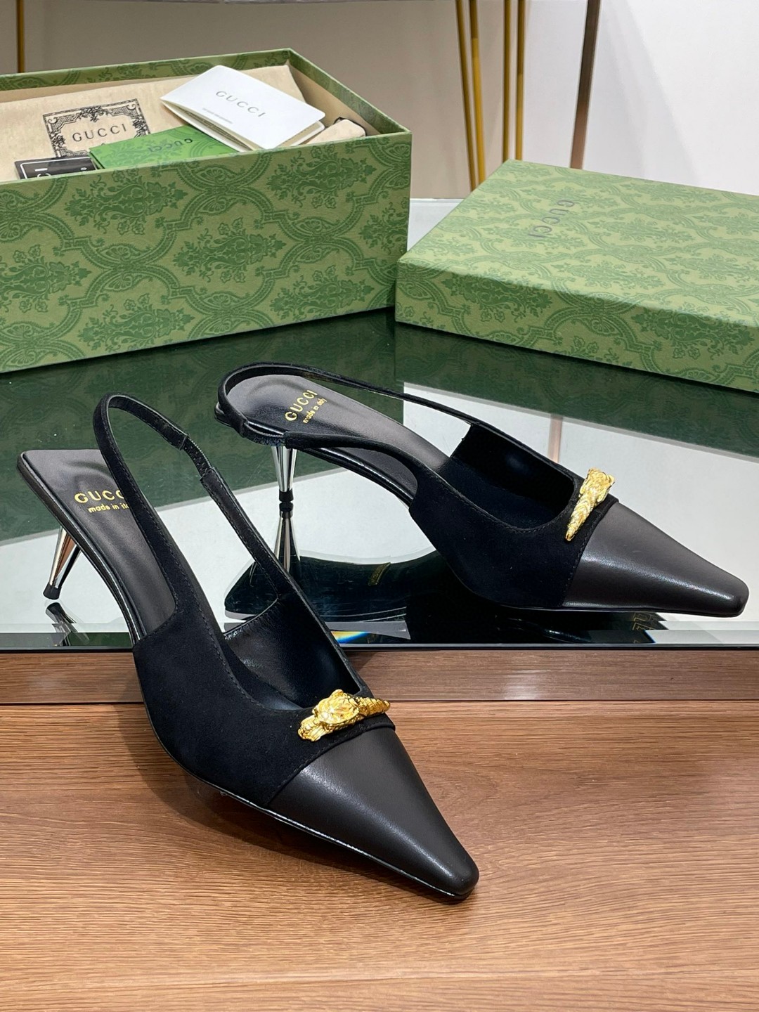 Gucci Gg Two-Tone Slingback Mid-Heel Pump Black And Light Black For Women