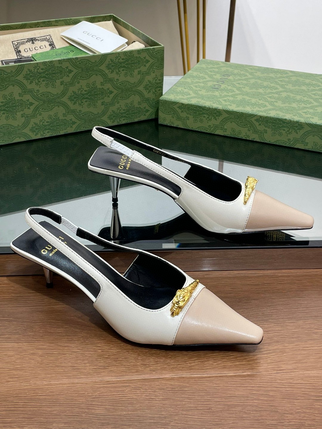 Gucci Gg Two-Tone Slingback Mid-Heel Pump White And Beige For Women