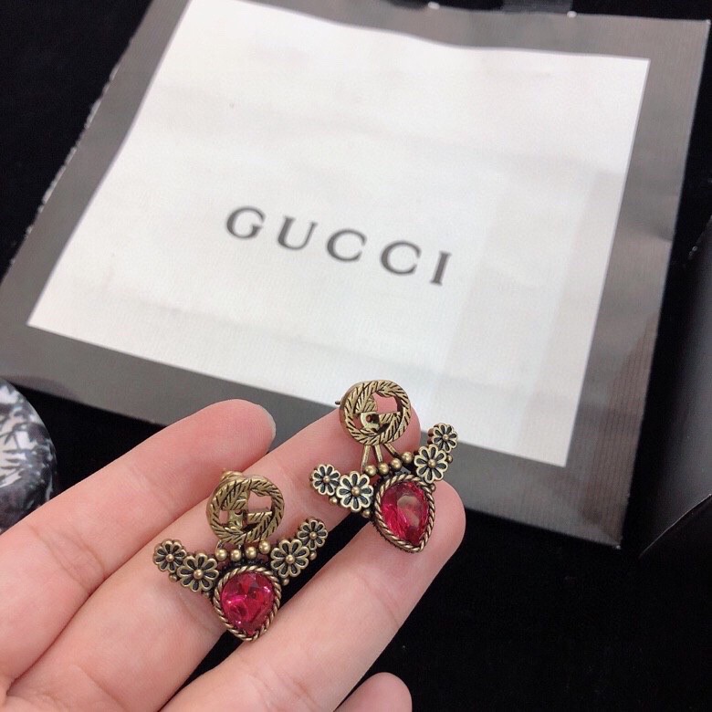 Gucci Highlight Dark Pink Stone Earrings Gold Tone For Women