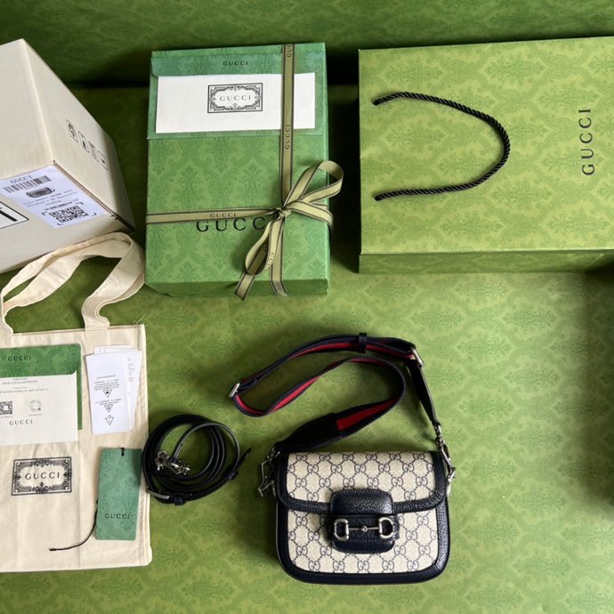 Gucci Horsebit 1955 GG Mini Bag Beige And Blue Supreme Canvas For Women 8in/20cm 658574 96IWN 4076