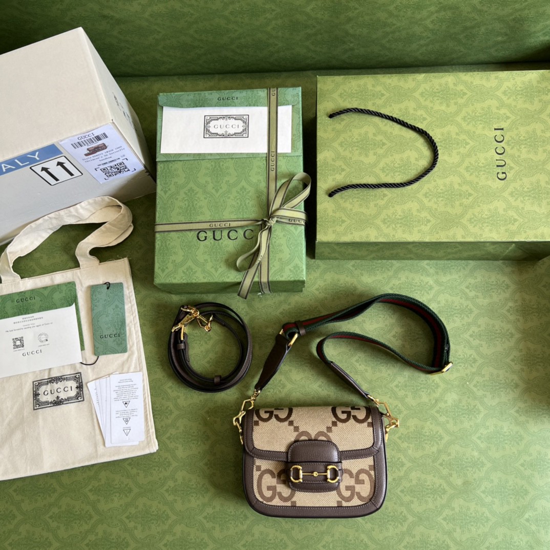 Gucci Horsebit 1955 Jumbo Mini Bag Camel And Ebony Jumbo GG Canvas For Women 8in/21cm 658574 UKMDG 2570