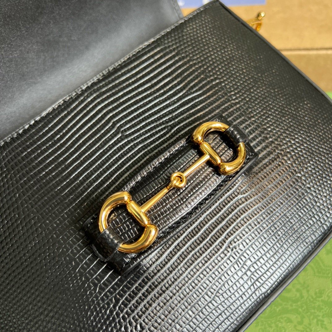 Gucci Horsebit 1955 Lizard Mini Bag Black For Women, Women’s Bags 8in/20cm GG