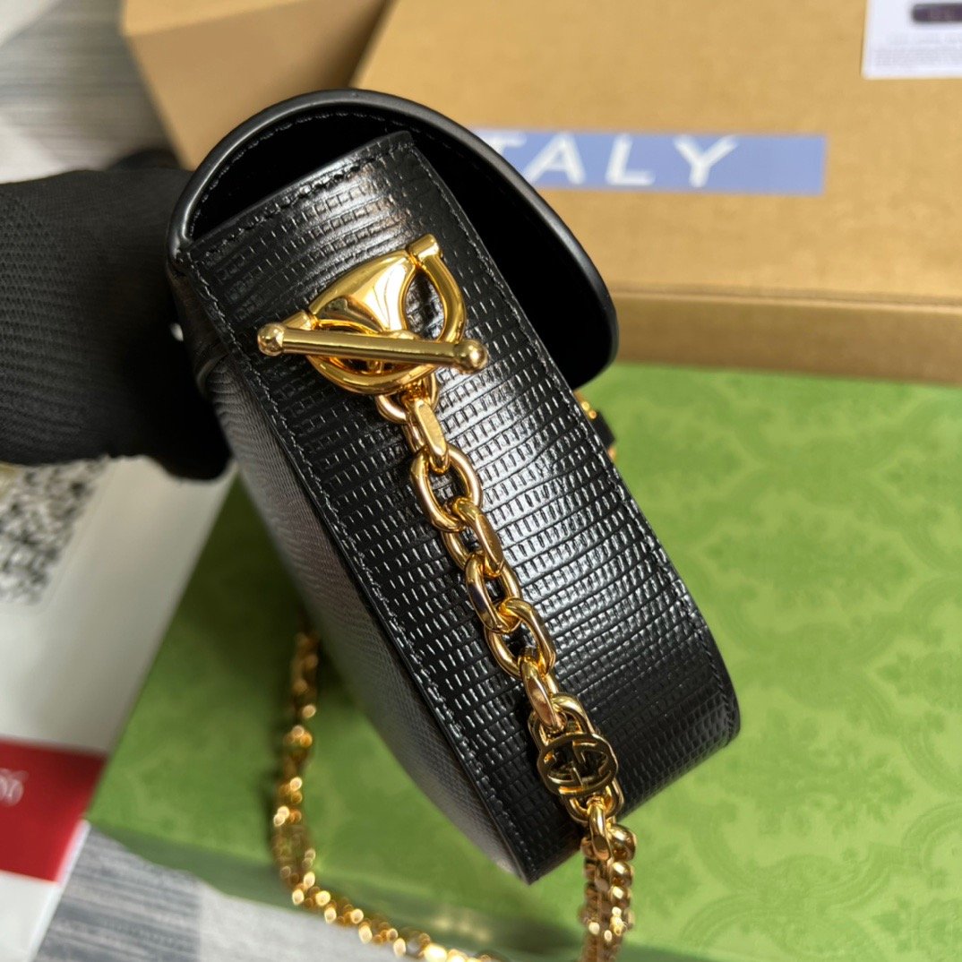 Gucci Horsebit 1955 Lizard Mini Bag Black For Women, Women’s Bags 8in/20cm GG